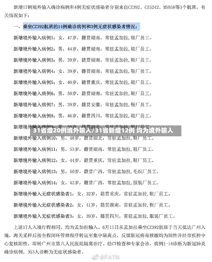 31省增20例境外输入/31省新增12例 均为境外输入